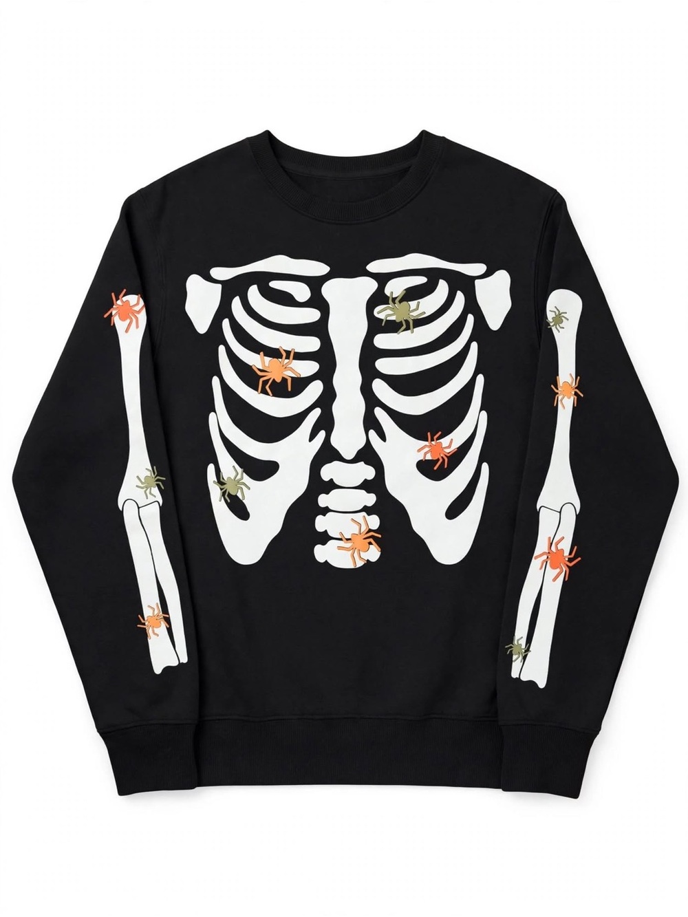 wonder nation Black Skeleton Sweatshirt with White Bones and Orange & Olive Bugs